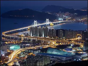 Panorama, Gwangan, Morze, Góry, Busan, Most, Nocna