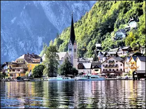 Austria, Góry Alpy, Kościół, Domy, Hallstatt
