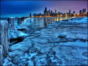 Nocą, Michigan, Panorama, Lód, Chicago, Jezioro