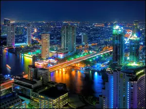Most, Bangkok, Nocą, Miasto, Rzeka