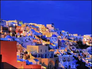 Panorama Miasta, Grecja, Nocna, Domy, Santorini