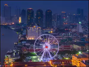 Panorama, Łodzie, Wieżowce, Tajlandia, Chmur, Bangkok, Drapacze, Noc, Rzeka, Miasta