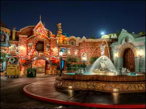 Kalifornia, Budynki, Noc, Miasto, USA, Fontanna, Disneyland