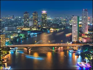 Wieżowce, Panorama, Most, Bangkok, Rzeka, Tajlandia, Statki, Miasta