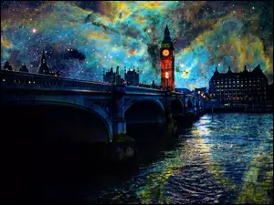 Rzeka, Grafika, Most, Londyn, Big Ben