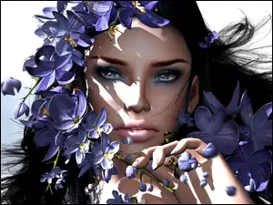 Kobieta, Grafika, Niebieskie kwiaty, Portret