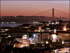 Nocą, Most, Lizbona, Budynki, Miasto