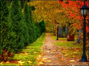 Jesień, Latarnie, Park, Ścieżka