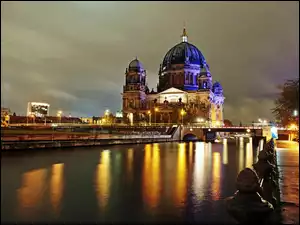 Miasto, Katedra, Szprewa, Rzeka, Nocą, Most, Berlin