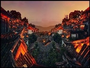 Chiny, Oświetlone, Dachy, Domy, Lijiang