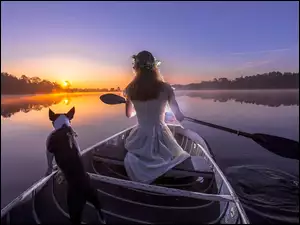 Łódka, Wschód słońca, Kobieta, Ślub, Pies, Jezioro