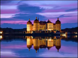 Noc, Moritzburg, Niemcy, Saksonia, Odbicie, Zamek, Jezioro