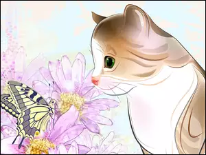 2D, Kot, Motyl, Kwiaty