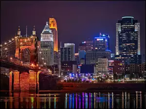 Miasto, Rzeka, Stany Zjednoczone, Most, Cincinnati, Noc