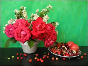 Bukiet Kwiatów, Kompozycja, Róże, Jaśmin, Granaty