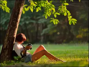 Dziewczyna, Drzewo, Kamera, Aparat