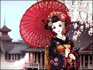 Manga, Parasol, Gejsza, Kobieta, Anime, Kimono, Japonia