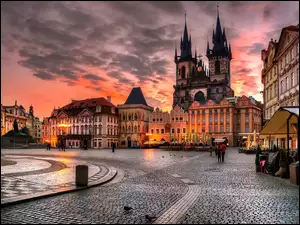 Miasto, Wieże, Praga, Zachód Słońca, Czechy, Domy