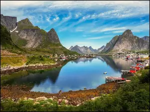 Norwegia, Lofoty, Kolorowe, Góry, Domki Rybackie