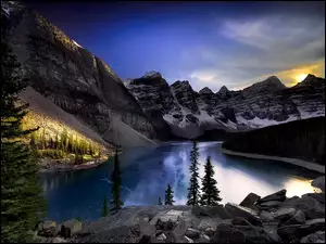 Lasy, Banff, Góry, Kanada, Jezioro, Zachód Słońca