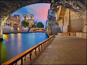Katedra Notre Dame, Bulwar, Paryż, Zmierzch, Francja, Rzeka