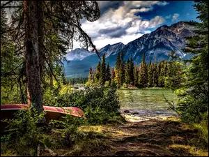 Drzewa, Jezioro, Alberta, Park Narodowy Jasper, Łódź, Kanada, Góry