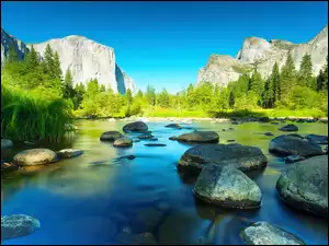 Yosemite, Góry, Rzeka, Las, Kamienie