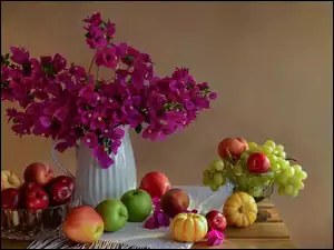 Kwiaty, Jabłka, Kompozycja, Winogrona, Dekoracja, Bugenwilla