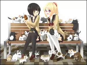 Dziewczyny, Anime, Koty, Ławka