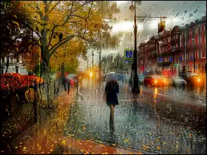 Parasol, Deszcz, Jesień, Liście, Kobieta, Miasto