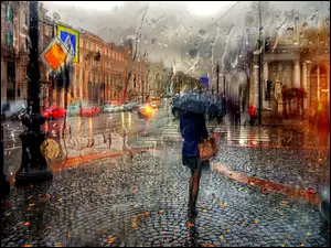 Parasol, Deszcz, Kamienice, Ulica, Kobieta