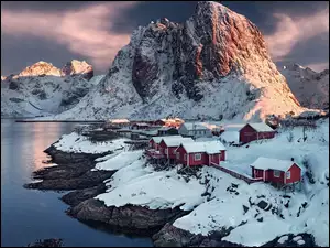 Zima, Norwegia, Wieś, Góry, Hamnoy