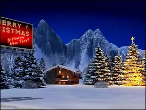 Święta, Dom, Góry, Zima, Grafika, Choinki, Boże Narodzenie