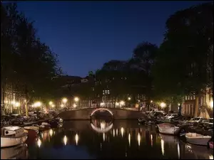 Łódki, Nocą, Amsterdam, Holandia, Domy, Miasto, Most