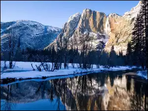 Park Narodowy Yosemite, Rzeka, Stany Zjednoczone, Zima, Stan Kalifornia, Góry