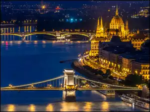 Most, Noc, Węgry, Budapeszt, Dunaj, Miasto