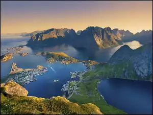 Góry, Norwegia, Z lotu ptaka, Lofoty, Morze