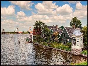 Rzeka, Holandia, Domy, Wiatraki