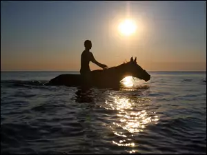 Morze, Dziewczyna, Słońce, Koń