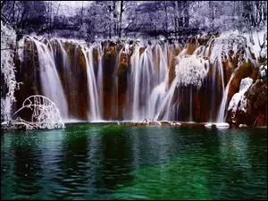 Chorwacja, Jezioro, Wodospad, Śnieg