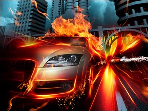 Ogień, 3D, Samochód, Fractalius, Miasto