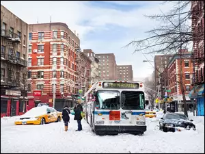 Ludzie, Samochód, Nowy Jork, Stany Zjednoczone, Śnieg, Zima, Autobus