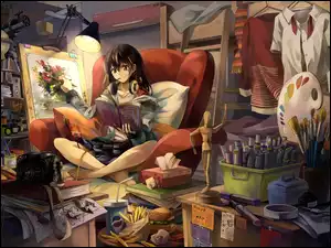 Dziewczyna, Anime, Pokój, Obraz