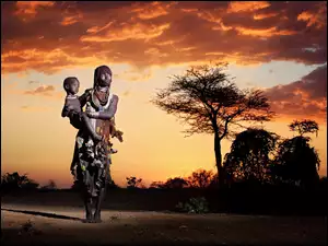 Afrykańska Kobieta, Niebo, Dziecko, Drzewo