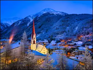 Światła, Góry, Las, Austria, Domy