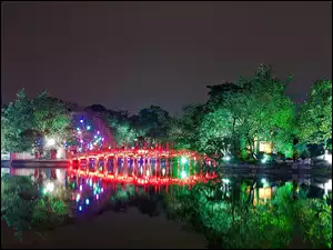 Rzeka, Drzewa, Wietnam, Noc, Hanoi, Mostek