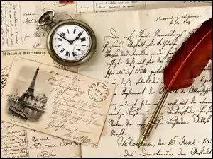 Pocztówka, Vintage, Pióro, Zegarek, Listy