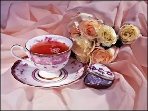 Bukiet, Porcelana, Róż, Herbata