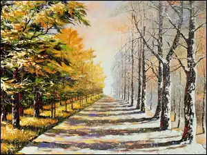 Zima, Drzewa, Malarstwo, Park, Obraz, Jesień