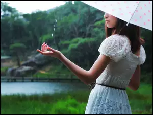 Dziewczyna, Deszcz, Parasol, Łąka